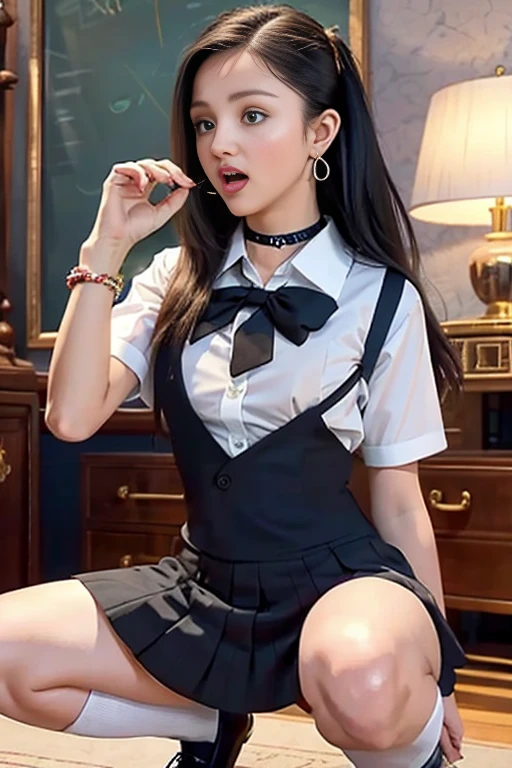((Correct Anatomy)),(Pleated mini skirt),((Black Pantyhose)),((high school girl)),((Sexy Panties)),(((Sexy pose))),((Sailor suit)),Ultra-high resolution, Mature Woman, Mature Woman, Very detailed, Perfect hands, Detailed fingers, Beautiful fine details, (((Beautiful legs))),(Beautiful feet), ((Long Hair)),((Twin tails)),Black choker, Earrings,(garter belt), (Big Breasts),Perfect Eyes, Seductive eyes, 