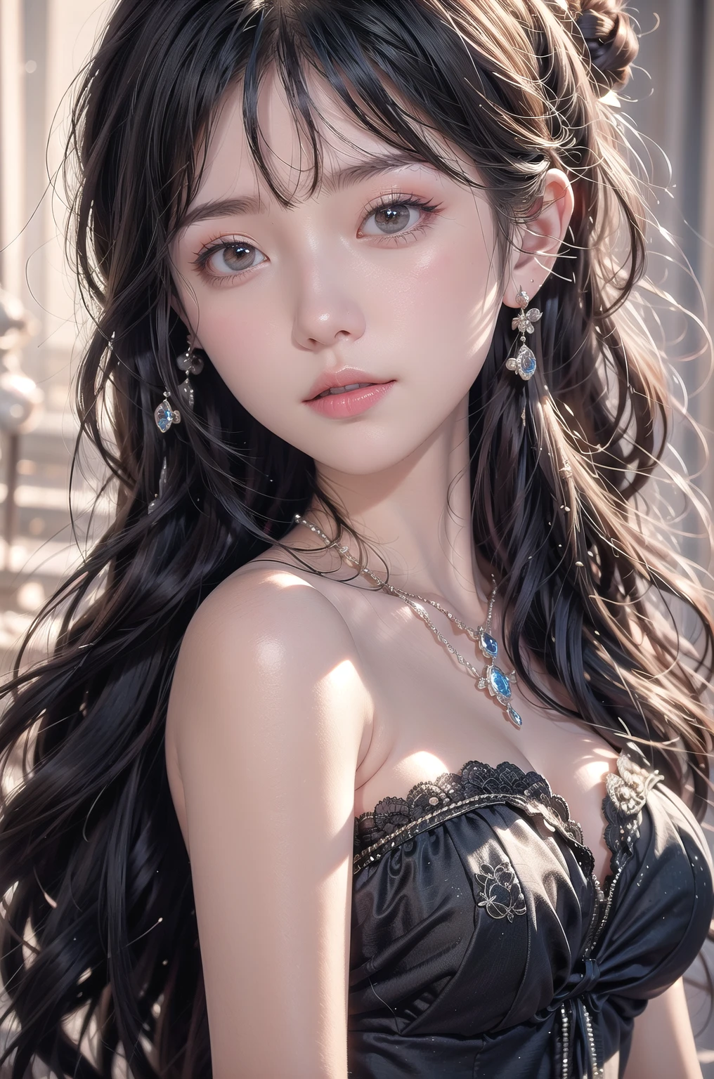 long dress,dress, fashi-girl,red lips,mature female,makeup, (Best quality, 8k, Masterpiece :1.3), (realistic, photorealistic:    1.37), (1girl), (Pretty woman in her 20s), (slim), (Japanese), (random pose),  ((dark brown hair)), exquisite facial features,  Super fine face, Fine eyes, Double eyelids,(wet body), (long hair, random hairstyle), (large breasts :1.3), (outdoors), (Ultra-detailed face), (Detailed eyes), (Double eyelids), (eyeshadow intensifying), (many eyelashes), (long legs), (professional lighting),  (photon mapping), (radiosity), (looking directly at viewer)