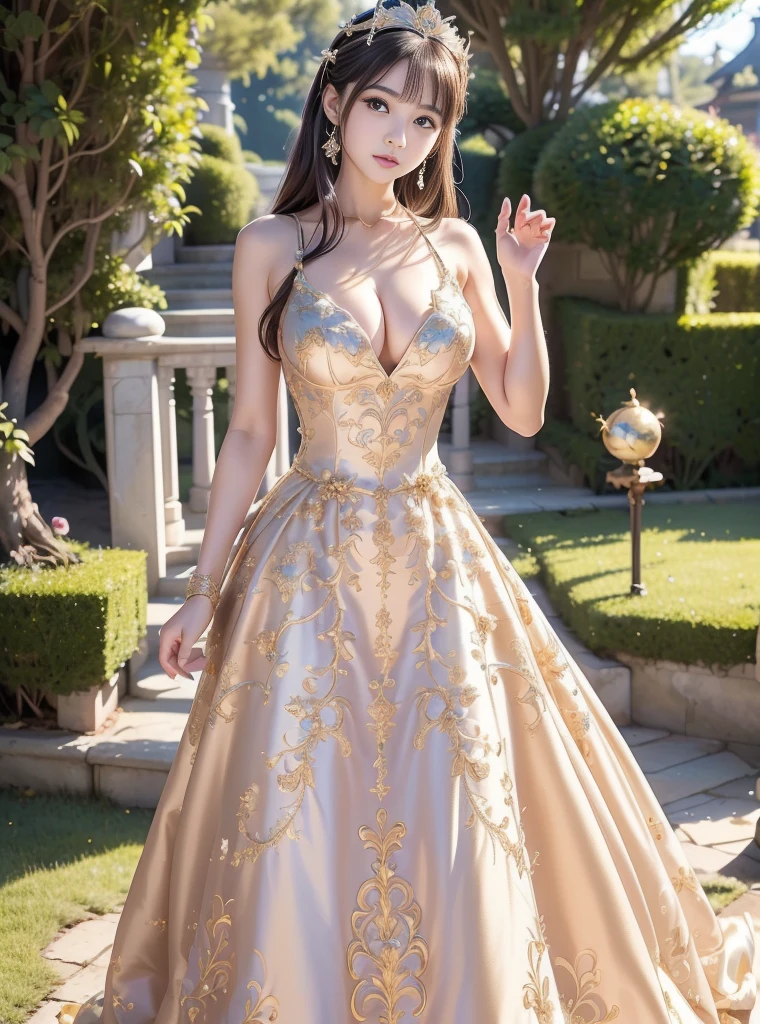 (highest quality、masterpiece、8K、best image quality、hyper realism、Award-winning work)、1 princess、(Alone:1.1)、(The most extravagant and exclusive sheer transparent tight princess dress:1.1)、(Tight, sheer, high-end princess dress with a perfect fit:1.1)、perfect and accurate princess dress、(The most luxurious and highest quality giant tiara:1.1)、(The most luxurious and highest quality giant necklace:1.1)、A luxurious dress studded with jewels、(Upper body photo of a woman standing elegantly:1.2)、(glamorous body:1.1)、big breasts、big ass、Glamorous and perfect body line、the biggest smile looking at me、(accurate anatomy:1.1)、(beautiful big palace exterior:1.1)、(blurred background:1.1)、(Inspired by the gardens of Versailles:1.1)、(Beautiful perfectly maintained flower garden:1.1)、(The finest palaces and beautiful gardens with flowers:1.1)、(The exterior of a beautiful, huge, Western-style palace of the highest quality:1.3)、(Exterior view of an elegant and majestic huge palace:1.1)、(Perfect and exclusive garden with beautiful flower beds:1.1)、(A regular and beautiful high-class flower bed:1.1)、(Cute flowers are arranged regularly:1.2)、(Beautiful and regular perfect luxury flower bed:1.2)、Beautifully manicured and perfect garden、A perfect garden maintained by a professional gardener、Building the perfect terrace、very bright and refreshing、(Beautiful skin that shines very brightly:1.1)、(very bright and vivid:1.3)、(Super high-definition bright and shiny skin:1.3)、Super high definition beautiful eyes、Super high definition perfect beautiful teeth
