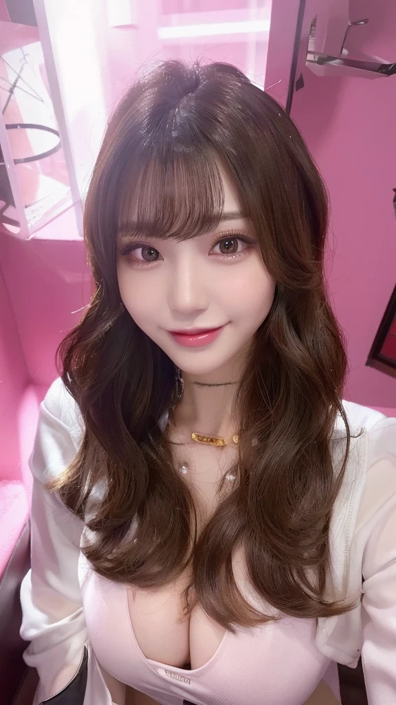 ((Highest quality, Ultra-high resolution、The most complex and detailed depiction))、(Bright lighting:1.1)、(Beautiful woman:1.1)、(Long Wavy Hair:1.05), (Accurate anatomy:1.1)、Colored contact lenses、Perfect Makeup、Pink lipstick、Highly saturated eyeshadow、phi. 1 Hostess、Shiny, revealing dress、Blurred Background, Look at me and smile、Luxurious Room、(Ultra-high resolution gloss, Fair skin:1.1)、Ultra-high resolutionの顔、Ultra-high resolutionの髪、Ultra-high resolution sparkling eyes、Ultra-high resolution glossy lips、Beautiful face drawn in every detail、Ultra-high resolution perfect beautiful teeth、(Bright and vivid:1.1), whole body, Amazing big G cup breasts,Beautiful legs in every detail,Sexy pose