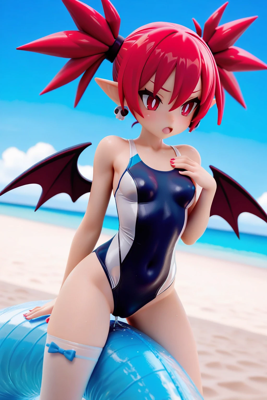Vaporeon with red swimsuit, round face, Her size is G cup 37, big, round heart-shaped butt, Her clothes are half transparent and she is standing on the beach..