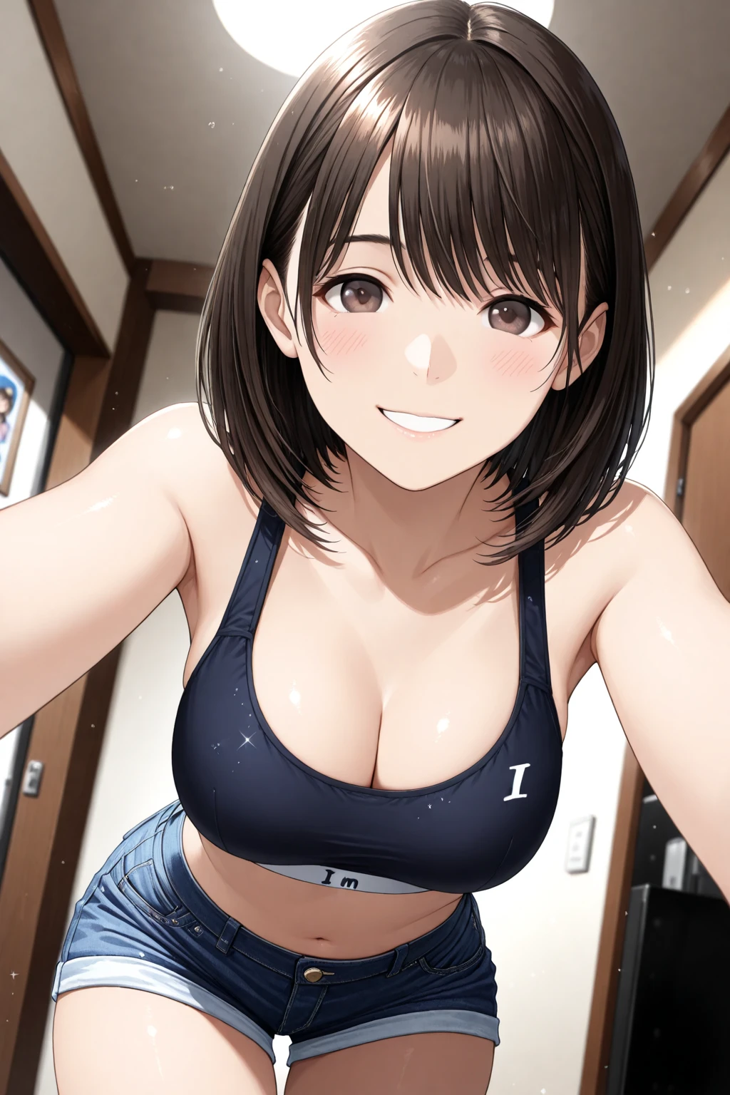 (sketch)1.4,(selfie pose)1.4,sexy school girl,(Calvin Klein gray bra and panties)1.4,(gym)1.4,(changing room)1.4,(masterpiece)1.3,(black hair with short ponytail)1.3,(enjoy,powerful smile), (full-face blush)1.3,(open mouth),(cleavage),raining machine,extremely delicate and beautiful eys,soft clean focus, realistic lighting and shading, (an extremely delicate and beautiful art)1.3,elegant,active angle,dynamism pose