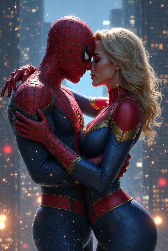 Spiderman is inserting his fingers in Gwen Stacy’s vagina under her skirt, he is fingering her, she is in ecstasy,