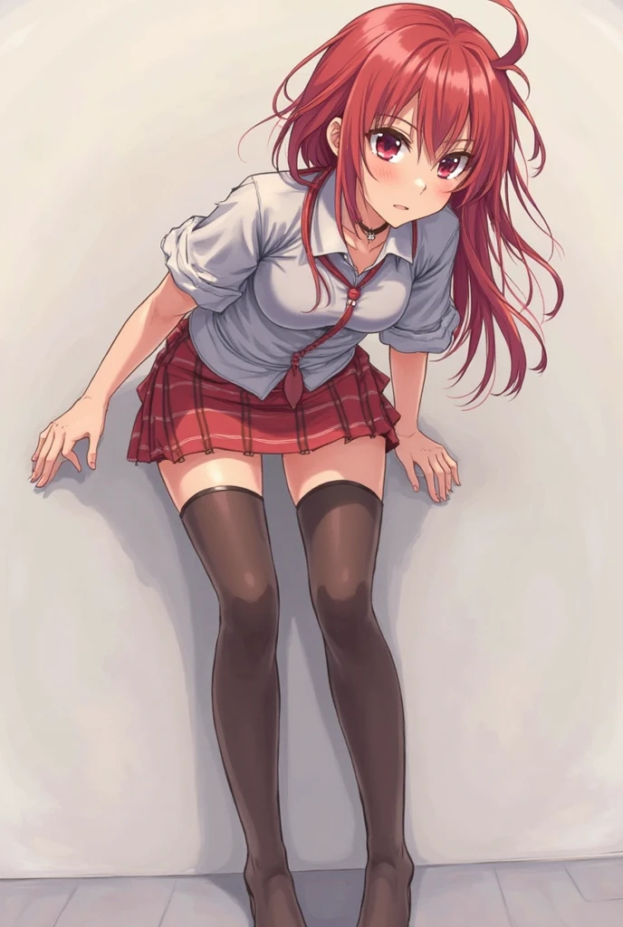 masutepiece, best_quality, hight resolution, Tamaki Kosaka, Large_breasts, Kaiyo , Red_hair, Solo,On the school stairs on a sunny day,hi-school girl,With a big smile(Wearing school uniform),Flush Panties,full body from below,Put your arms behind your back,white knee-socks,Black lace panties,skirt wind lift,