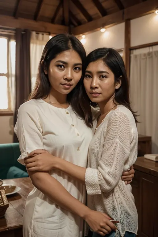 Two Women, 5, Headscarf Indonesia : 43.9, gamis, Curvy body, My breasts are about to burst out of my clothes, dark light, at night.