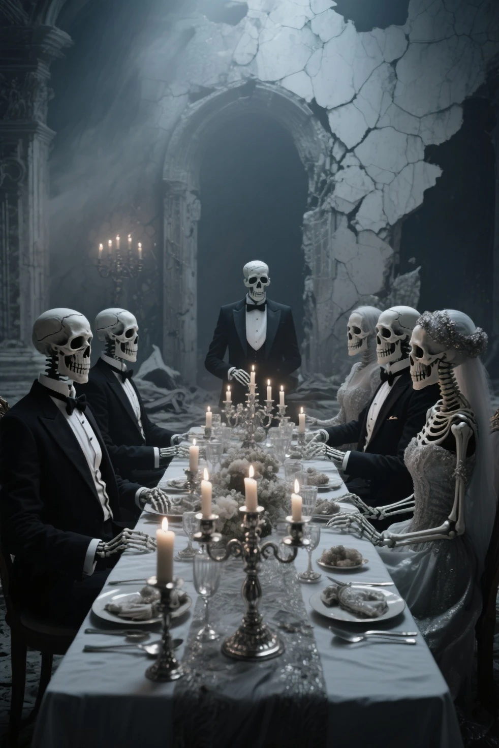 three men standing next to a skeleton in a room, with a skeleton army, they sit next to a pile of bones, by Nándor Katona, skeletons, ribcage, mateus 9 5, anatomic!!, posing for a picture, bone, by Jesús Mari Lazkano, skeletal figures, great proportions, all skeletons