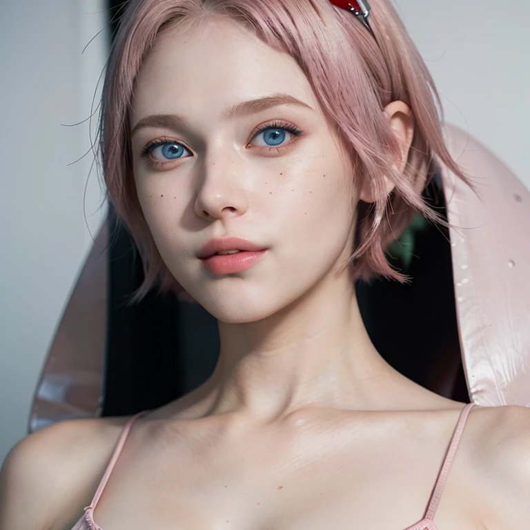 young woman, short shoulder-length pink hair, wide forehead, porcelain skin, pink eyebrows, big emerald green eyes, buttoned nose, full lips, heart-shaped face, slender body, small breasts, red tank top, Sakura Haruno , realistic, realism, details, 3d, well detailed