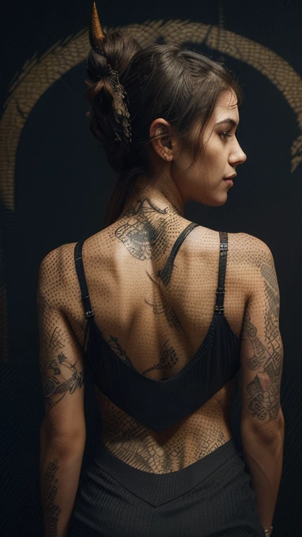 2 women, Stunning high-definition cinematic portrait of the Russian musical duo "Tattoo," with a captivating intensity that exudes raw talent and charisma. The duo, both in their mid-30s, are shown from the waist up, showcasing intricate tattoos of a dragon and koi fish dominating their backs. The image is set against the backdrop of a dimly lit, historic Moscow music hall, with the spotlight casting dramatic shadows and highlighting the details of their tattoos.
The dragon tattoo, with its fiery scales and fierce visage, adorns the left shoulder, while the koi fish tattoo, symbolizing perseverance, graces