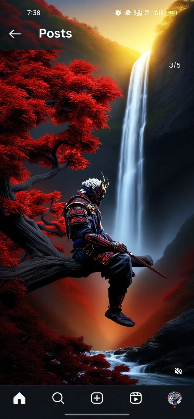 A young fighter, (((Red eye))), (((Tattoo on face))), itachi uchiha,(((Hair is black and half white))), (((He wears a black uniform))),(((White teeth))), He sits on the floor, And a landscape background , (((Beyond precision))), Behind a waterfall, Behind the statues, water comes out of their mouths.,