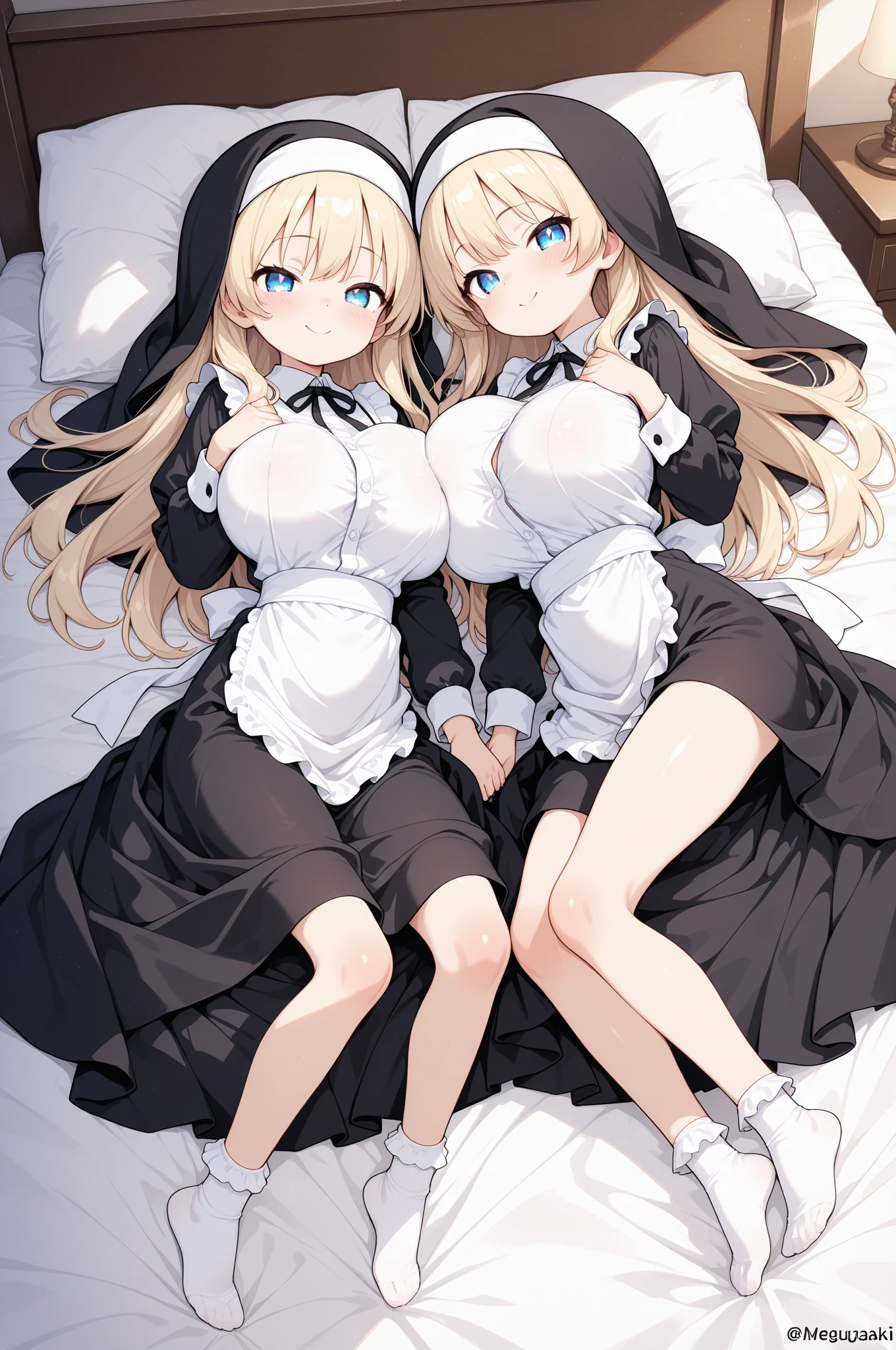 nsfw, 2 girls, twins, cat maids, ((detailed eyes)), ((bright eyes)) ((first girl, long white hair, white cat ears, red heterochromatic eye, blue heterochromatic eye)) ((second girl, long black hair, black cat ears, yellow heterochromatic eye, blue heterochromatic eye)) ((maids, maids headband)), ((visible breasts, huge breasts, exposed breasts, visible nipples, exposed nipples, topless) ), serious expression, looking at viewer, blushing, room, white gloves, white socks, white apron.