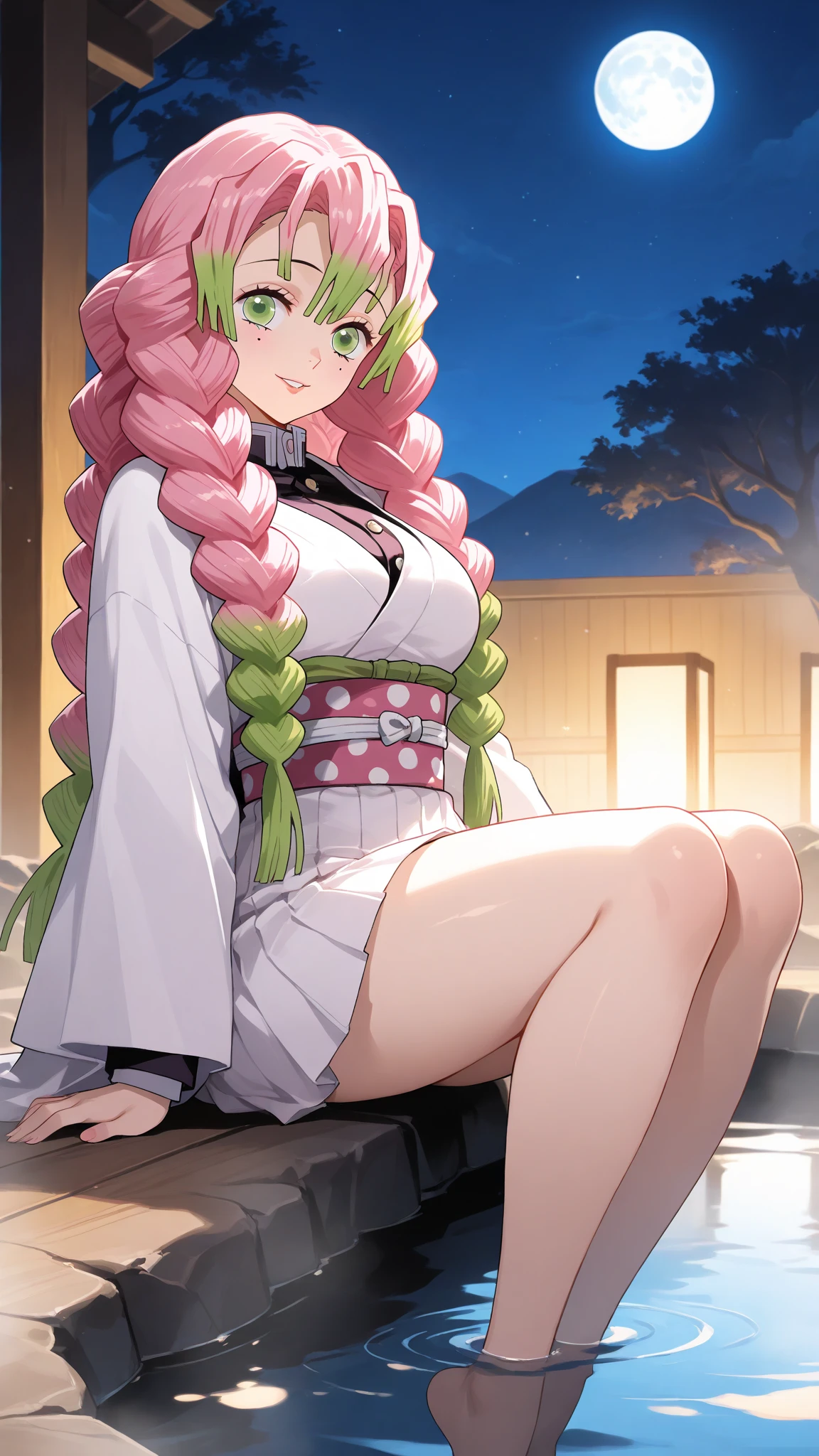 majo, (melhor qualidade, obra-prima, super detalhado: 1.5), perfect lighting, brilhante, Alugar, Natureza, Cobblestones, vapor, blue skies, Ao longe, corpo inteiro, foco no rosto, 1girl, Mitsuri (Demon Slayer), menina bonita, Sympathetic face ((Mitsuri (Demon Slayer))), a girl with long pink-green gradient hair and green eyes. sexy, realista, peitos grandes, decote, calcinha aparedendo, mamilo aparecendo, 25 anos, adulto, caucasiana