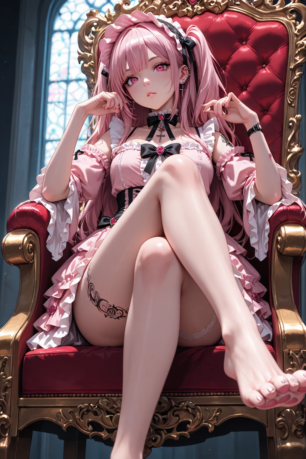 1Female、When reincarnated, I was a slime character（teenage girl naked）、master piece、top quality、accurate、animesque、child Demon King、Aimei、Beautiful and detailed blue eyes、pink hair、Two-tailed、Proud double tails, very black bikini short、medium breasts、True to the original、((barefoot)), muscular belly, beautiful muscular legs, thick legs, (smile), looking back, (full body photograph), (((in the bedroom sitting on the chair showing feet very close to the camera))), (((feet with square nails painted with black nail polish, very detailed and high quality))). (((beautiful feet)))