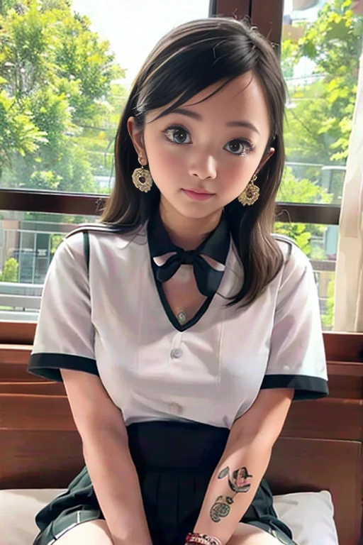 masterpiece, best quality, illustration, Super detailed, fine details, High resolution, 8K,wall paper, perfect dynamic composition,(Details High quality, realistic depiction of eyes:1.3), (Polo shirt with collar), pleated skirt, knee high socks, twintails, Lying down, black hair color, Big Natural Color Lip, bold sexy pose, (perfect body shape), crying a little、little smile, Harajuku style、20 year old girl、cute type、lolita、beautiful legs, hotel room, hposing Gravure Idol, Voluptuous thighs