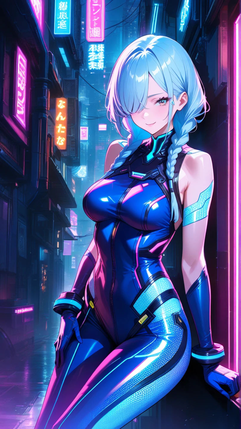 portrait, 1 girl, beautiful face, asymmetrical hair, multi-colored hair, belt, bodysuit, covered mouth, covered navel, detached sleeves, grey eyes, hip vent, open jacket, cute, look at viewer, night city, neon, rainy, open chest view of breast, open crotch revealing a messy creampie