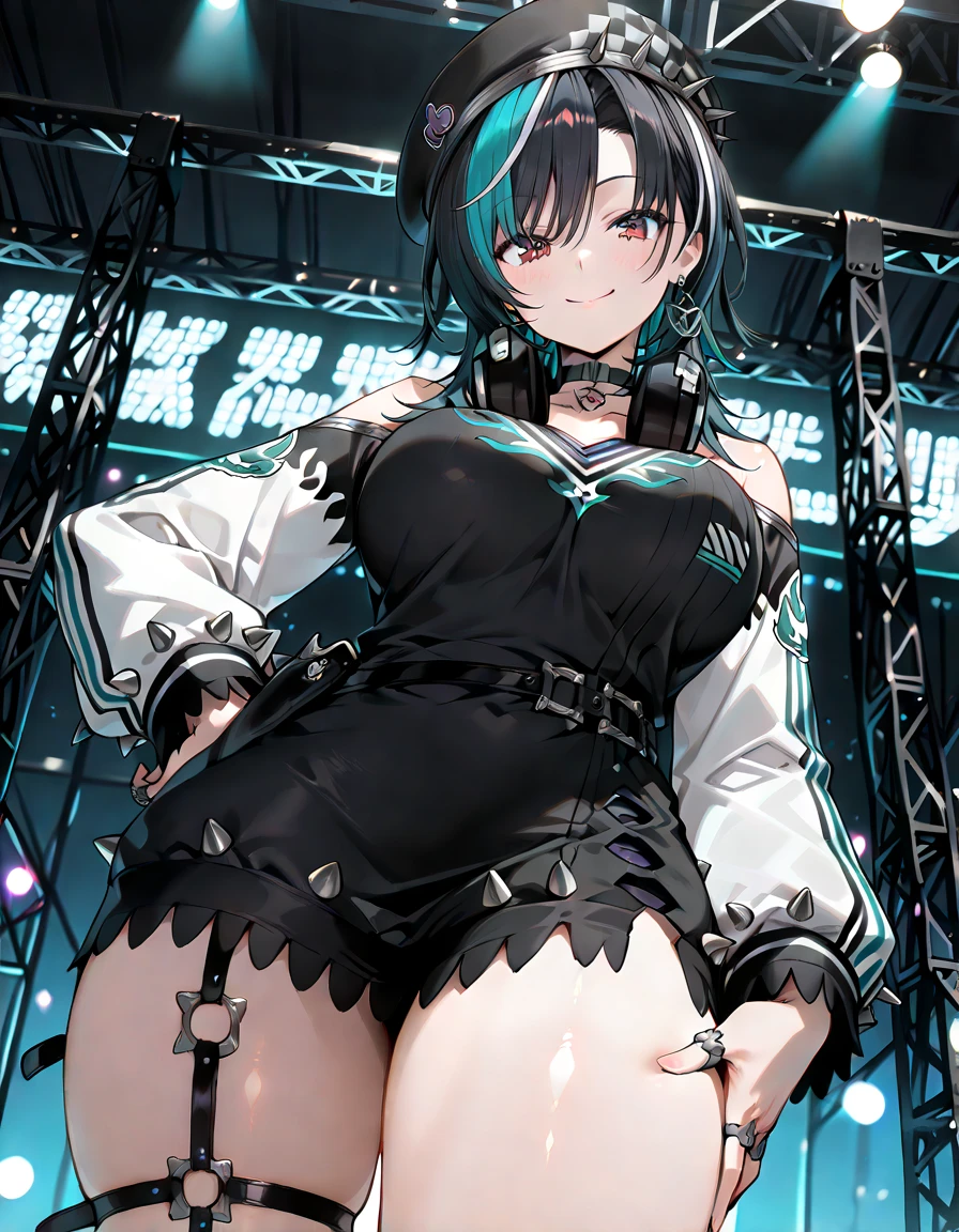 Punk girl, short physical stature, short hair, dark blue hair, musical instrument, drums, punk clothes, evil smile, girl playing the drums, sexy girl, torn clothes, punk clothes, drummer girl