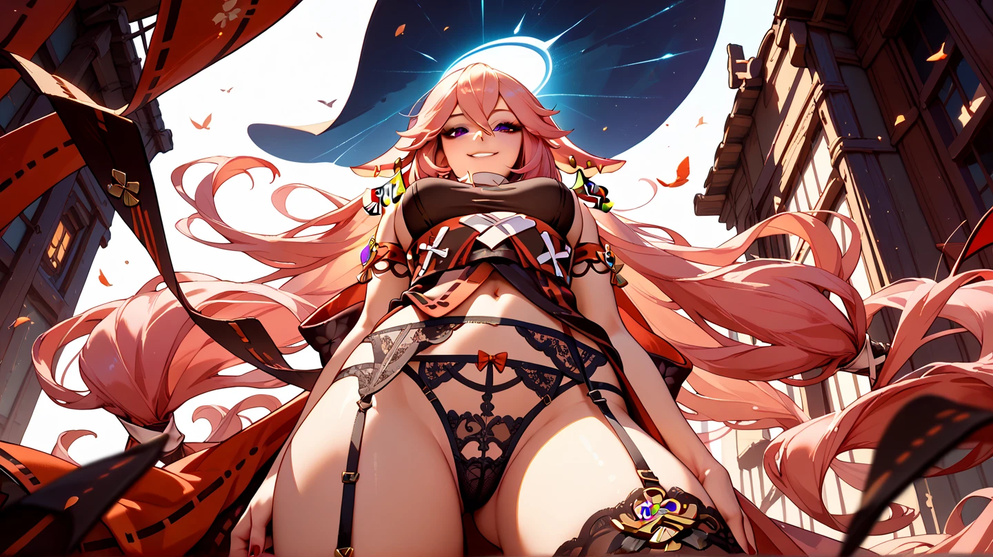 Medusa, pink hair, red and white eyes, super detailed sea surface, skull in eye reflection, background of white stone statue of muscular woman, expression of anger and hatred, symbol of the center feminine, well-structured female body, full body bow, white stockings, red and white shoes, super fine 4k, 8k picture quality