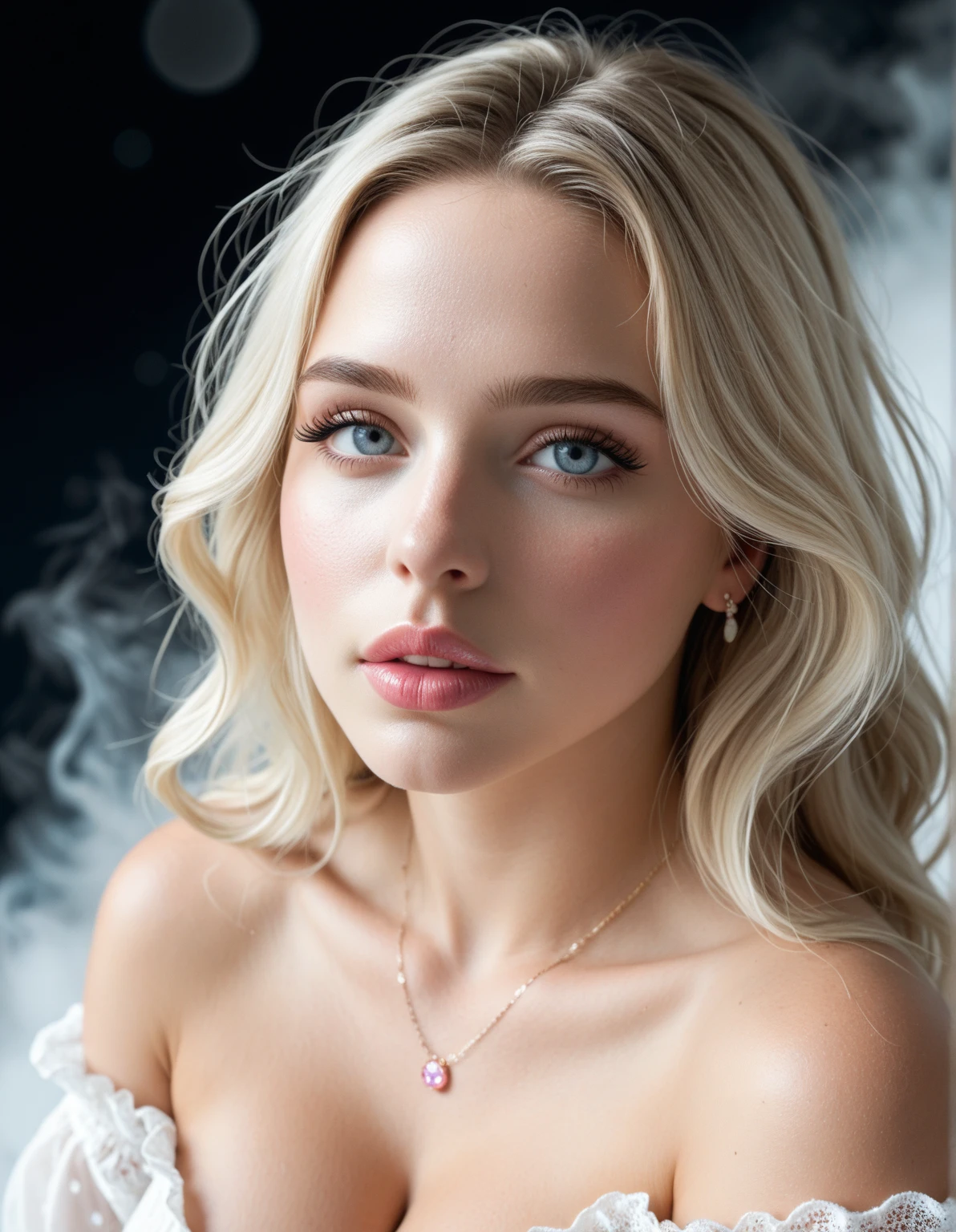 sexy women, doll, Enchante Lace & Satin Chemise, silver hair, hazel eyes, detailed skin, detailed eyes, flower crown, diamond necklace,