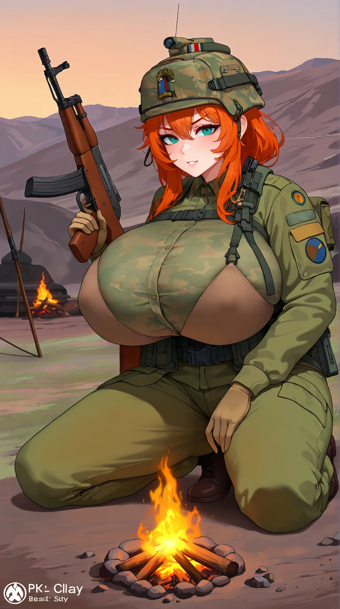 Red head, in the army, Gigantic tits, fat ass, horny face, mean face, tits exposed, sweaty