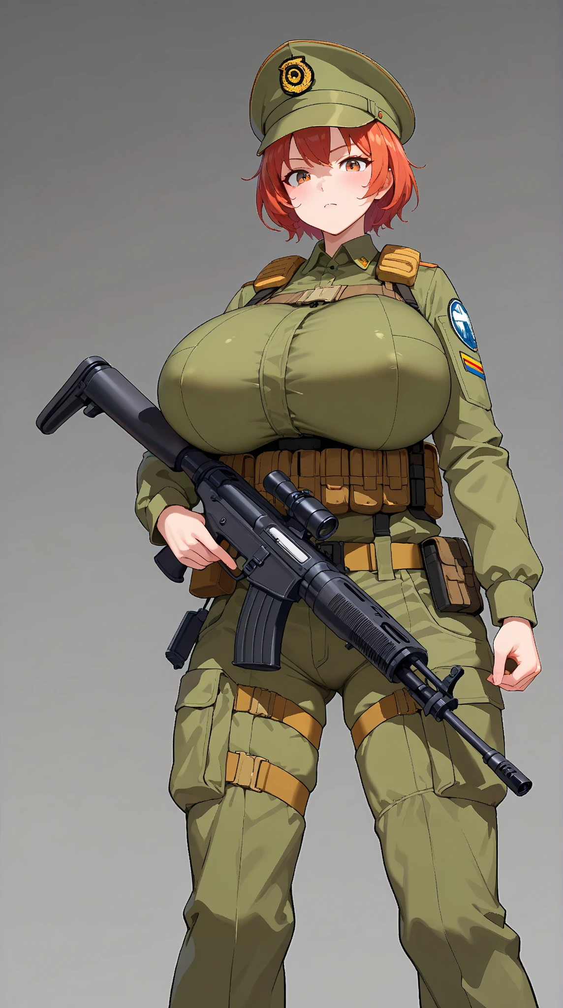 Hot sexy beautiful female special force lieutenant officer, pink hair, ear piercing,bracelets,locket,sharp eyes,curves,charm,white skin, golden hoops earrings , jawline , blush, long straight hair,army soldier uniform,heavy armour,leg pocket,big chest , cleavage , digital watch, a long french jacket, She keeps her signature ,Her transparent pants , with a black belt. She still has her black fingerless gloves , detailed face,army badges, camouflage,soldier backpack,walkie talkie on shoulder, transparent plate armour,utility vest, knee and elbow pads, holsters, and modular pouches, tactical gear ,blue eye, black heart tattoo on neck, lipstick,huge enormous breasts , transparent blouse