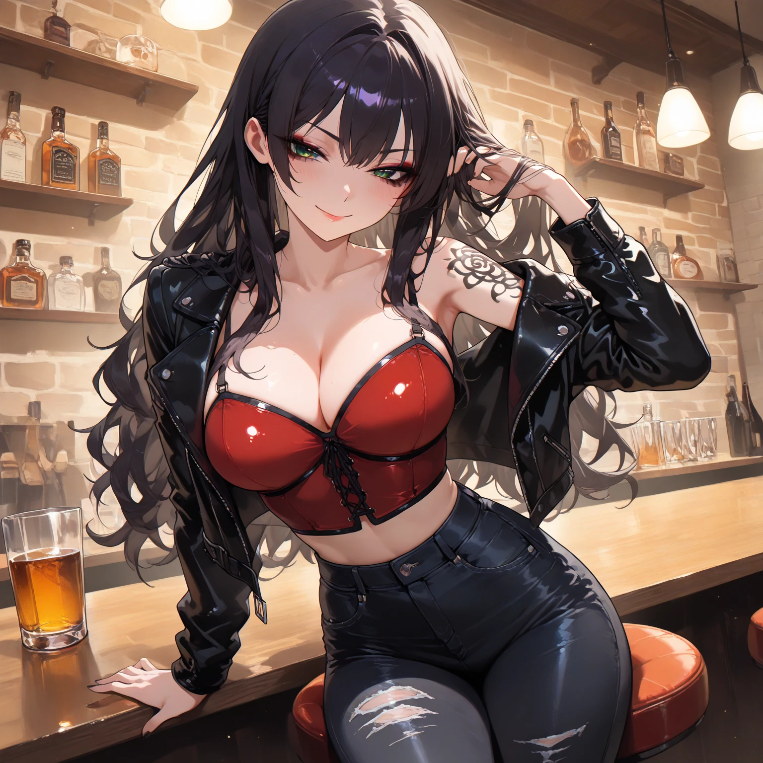 leather jacket, red short dress, big cleavage, strap dress, leg slit, black hair, red eyes, glasses, at a bar, drinking, curly hair