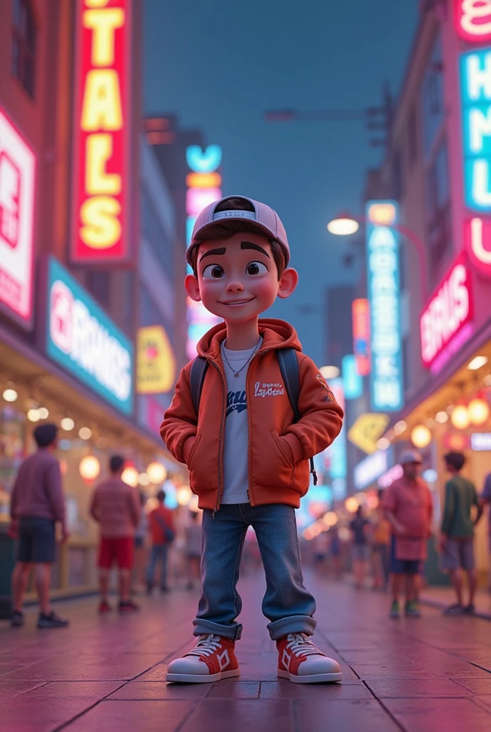 A boy in front of burger company 
