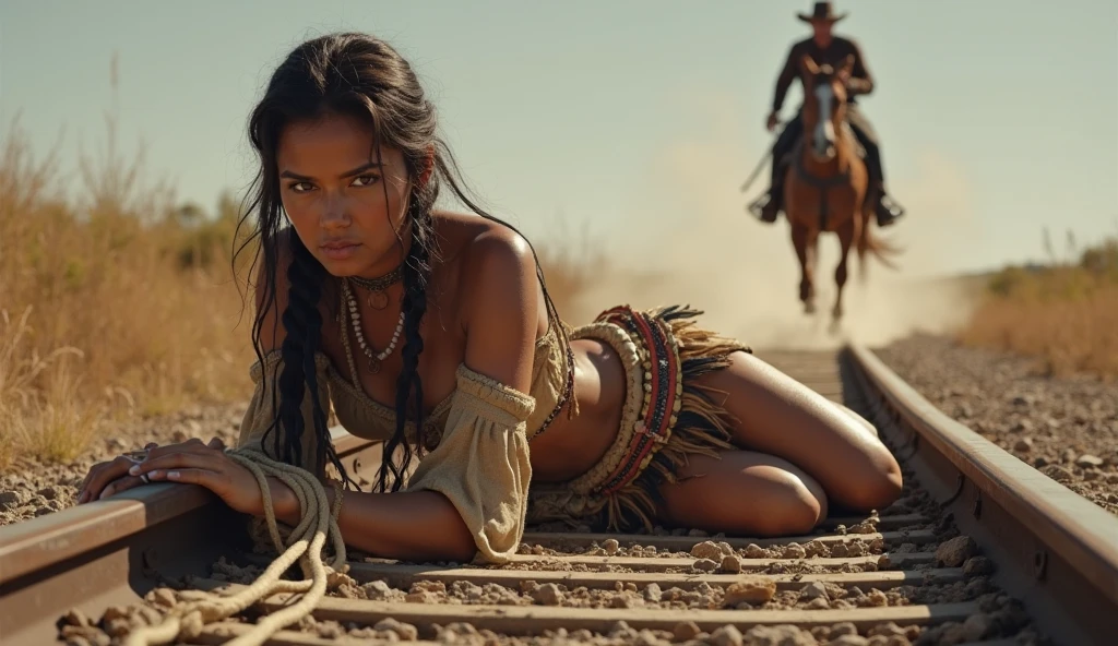 ((masterpiece)), ((best quality)), ((highres)), extremely detailed)), a beautiful 21-year-old Native American woman (Grace Kelly:Milla Jovovich:0.5), Pocahontas, full body shot, medium breasts, detailed hard pink nipples, detailed nipples, ((detailed hairs pussy)), (super realistic), (peerless beauty), detailed skin texture, detailed nude pose, beautiful detailed face, intricate details, ultra detailed, indigenous feather jewelry, feather headdress, traditional handmade, armed female hunter warrior, (((wild west))) environment, cheerful smile, in the village, ((surrounded by people)), ((dance pose)) back to the camera, ultra realistic, concept art, elegant, ((intricate)), ((highly detailed)), depth of field, ((professionally color graded)), soft ambient lighting, dusk, (Best quality, A high resolution, Photorealistic, primitive, 8K,Masterpiece), filmgrain, bokeh:1.2, Lens flare, (vivd colour:1.2) ((solo photography))) (((no problem in background)))