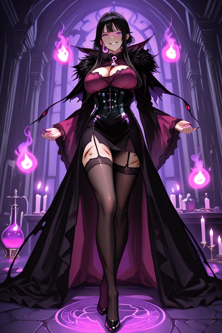 Adult anime woman style, with clear-feet and long hair of black and crimson hue, having purple eyes, has a crescent moon symbol on her left breast. She is dressed in a black dress with red accents, the upper part of the dress is visible with a long-sleeved coat, and the lower part is a skirt with a tail, in her hands she holds a sword in her right hand and a pistol in her left, surrounded by a forest with dark trees, a red moon, and ghostly entities in the background. [Best quality, highres:1.2], 1 woman, extremely detailed facial features, long eyelashes, medium: oil painting, vivid colors, H