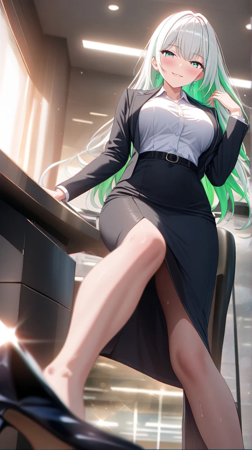 A tall, big-breasted woman, wearing colored underwear, with a lot of long, black pubic hair, light green long hair, light green eyes, wearing a black suit, a short office skirt, and black high heels.