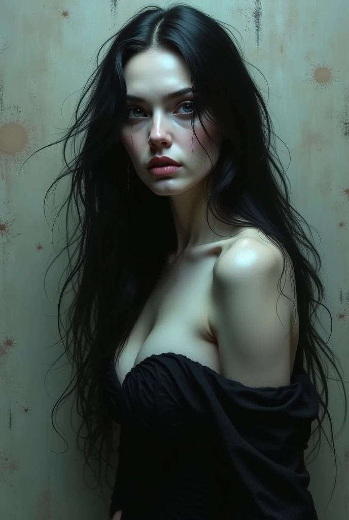girl with long black hair, very small tits, speech bubble,sexy nude, open legs, open pussy,, great detail, many talking hearts, {{{movement lines}}},, {{panties aside}},, eroticism, sexy, white image and black, between shadows, oil painting, chiaroscuro, sensual, dramatic lighting, moody atmosphere, photorealistic, intricate details, masterpiece, ultra-detailed, high quality, 8k, best quality, realistic, cinematic, Dark and melancholic composition, expressionistic and powerful , emotional impact, art inspired by Bill Sienkiewicz.
