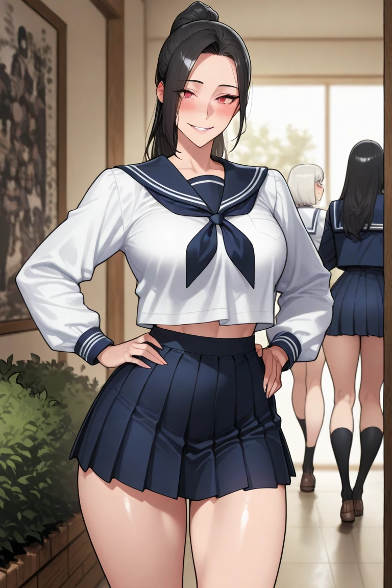 masterpiece, best quality, 1girl, <lora:ayano:0.75>, ayano,
high ponytail, black hair, black eyes, school uniform, serafuku, blue sailor collar, white sailor shirt, red neckerchief, short sleeves, blue pleated skirt, black thighhighs, black shoes,
arms behind back,