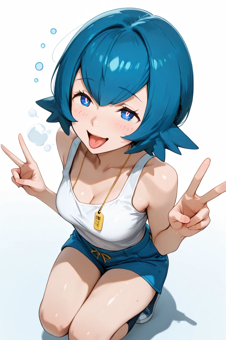 (masterpiece), 1girl, solo, cleavage, hanging , leaning forward, wide hips, horny face, pkmnLana, pokemonlana, pokemonlana, blue eyes, blue hair, freckles, hairband, short hair, white pupils, yellow hairband, (bright pupils:1.5), big breasts, large breasts, breast focus, both hand on her breasts, smirk