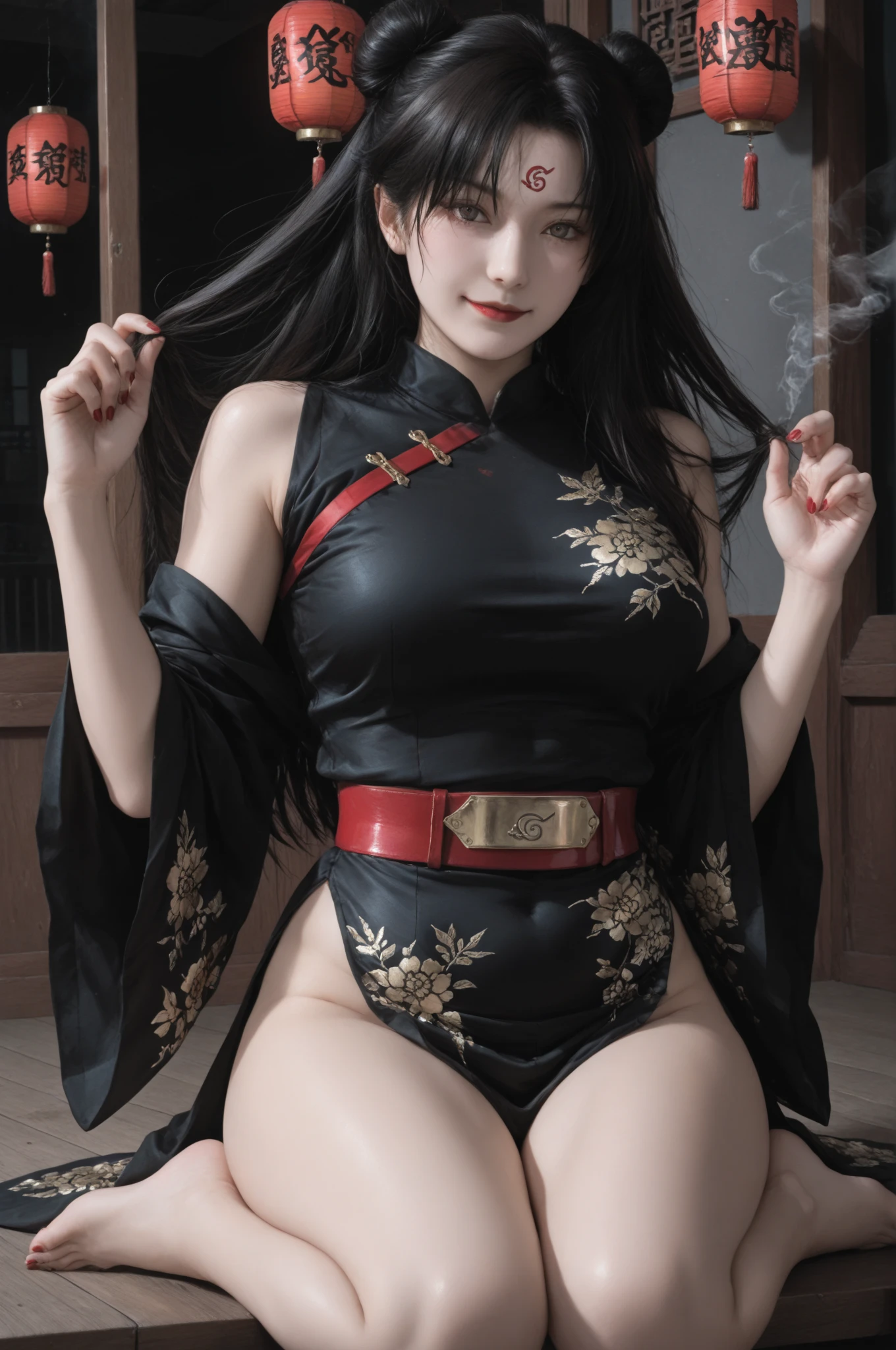 masterpiece, photo of a girl, solo, black hair, (hugeunderboob), light_smile, ofuda, china dress, (armpit, armpits), ((kneeling to spread legs)), (((pubic hair))),
