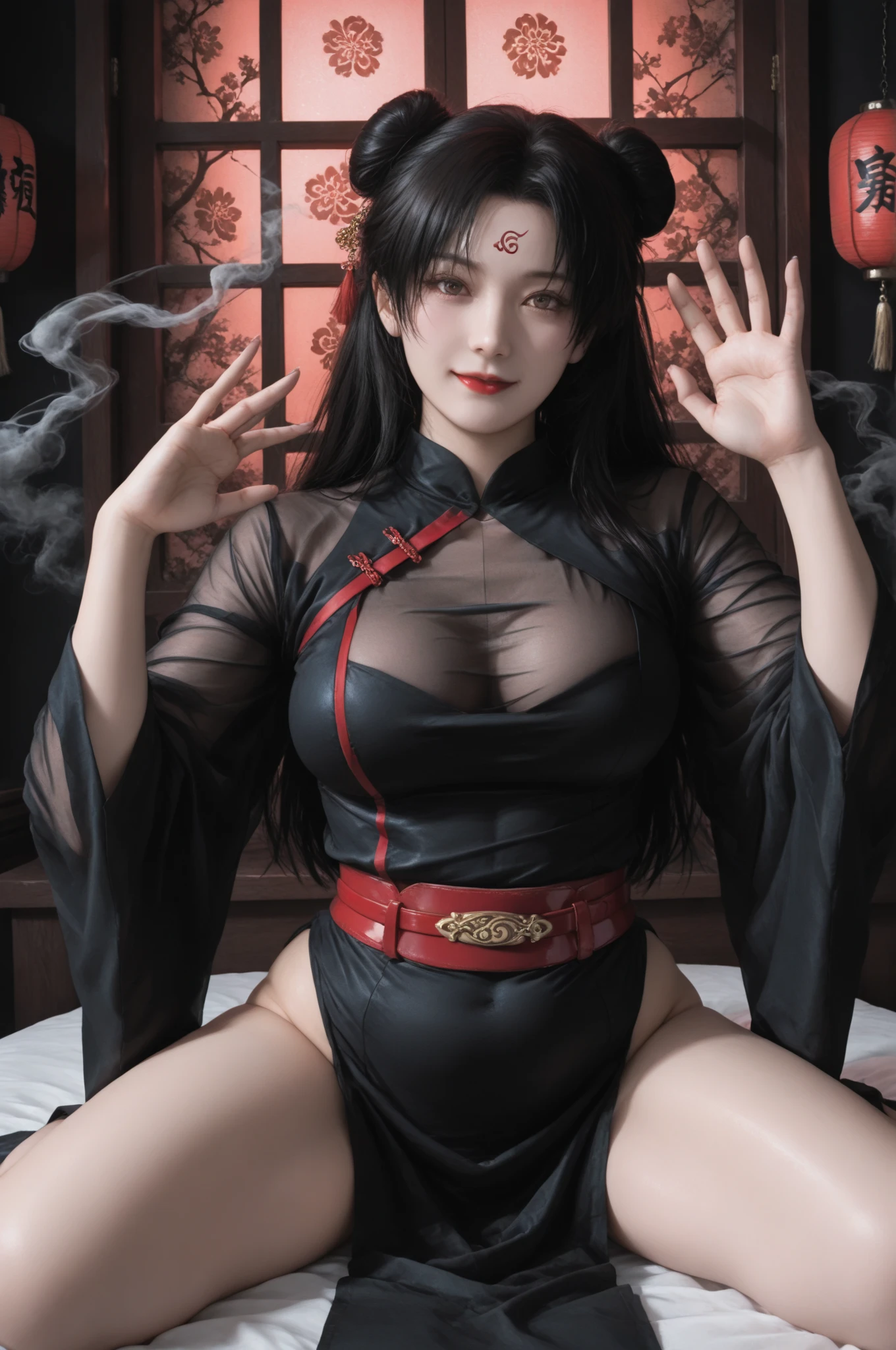 8K,Himiko,Black-haired Asian empress poses for photos in sexy red and black courtesan outfit, Japanese God, Beautiful fantasy empress, so beautiful(A vivid face),Red lipstick,Gorgeous courtesan costume,Flashy makeup,Long black hair,Red eyes,Accurate details of the five fingers,Tattoo on left chest,hair ornaments,laughing out loud,Surreal,Realistic looking skin,Bold personality,Very large breasts,Red tattoo on left cheek,kimono,kimono,Luan Jia and Artgerm, Highly detailed artwork, 8K high quality detailed art,Inside the Labyrinth Dungeon,Beautiful expression　Ultra-high resolution, Trending on cgstation, Wallop and Artgerm,Muscular and slim body,Big muscular chest,Muscular and slender lower body,charm,Battle Scenes,Combat pose,Action Scenes,Action pose,Fantasy art,Character Art,Fighting with fans,Rich colors, Backlight, Cinema Lighting, Film Grain, to be born, 50mm lens, Nikon D850,Ultra-high resolution,Surreal,Compensate,Photorealistic RAW photos of the highest quality。Bright colors,Image of a perfect woman,Sexy Courtesan Costume,