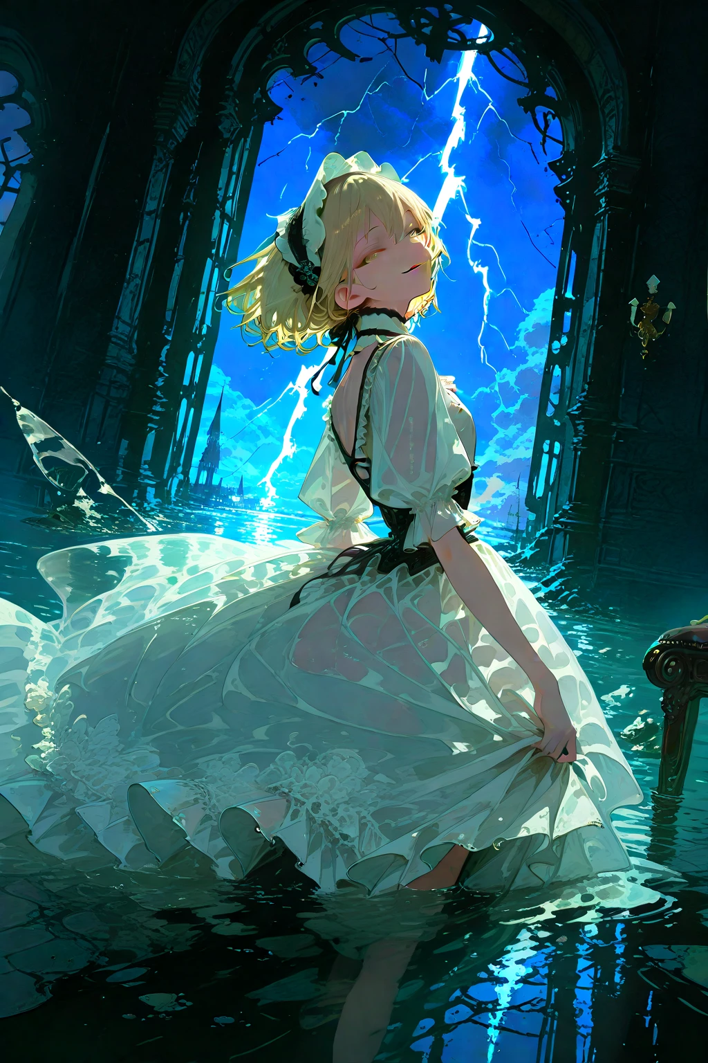 ((masterpiece)), ((best quality)), ((highres)), ((detailed background)), ((extremely detailed CG unity 8k wallpaper)), ((anatomically correct)),
(1girl:1.5), (Solo:1.5),
(((Moe))), (((kawaii))), (((short in stature))), (((10-year-old))),
(transparent:1.3), (deep slit:1.5), (large breasts), (thick thighs),
(young elf girl:1.5),
(blonde hair:1.5),
(long hair:1.5),
(green eyes),
(pale pink shiny wedding dress:1.5),
(garter belt:1.5),
(white shiny knee-high socks:1.5),
(white shiny veil:1.5),
(white lace underwear with ruffles:1.5),
(white shiny long gloves:1.5),
(silver collar with chains:1.5), (silver belt with chains:1.5), (silver anklet with chains:1.5), (silver bracelet with chains:1.5),
(looking up:1.5),
(running through water:1.5),
(open legs wide back and forth),
(cross own fingers:1.3),
(slime on body:1.3),
(entangled in slime:1.3),
(wrapped in slime:1.3),
(floor is slime:1.3),
(drowned:1.5),
(blush:1.3),
(close eyes hard in fear:1.3),
(open her mouth wide in pain:1.5),
(underwater:1.5),
(depths-fc),
(underwater ruins:1.5),
(blowing in the wind:1.5),
(A lot of small bubbles:1.3),
(Fine bubbles around the body:1.5),
(a few bubbles around her mouth:1.5),
(from above:1.5),(profile:1.5),
(full body:1.3),
(focus on the thighs:1.5),
(Dutch Angle:1.3),
(depth of fields:1.3),
(god rays:1.5)
