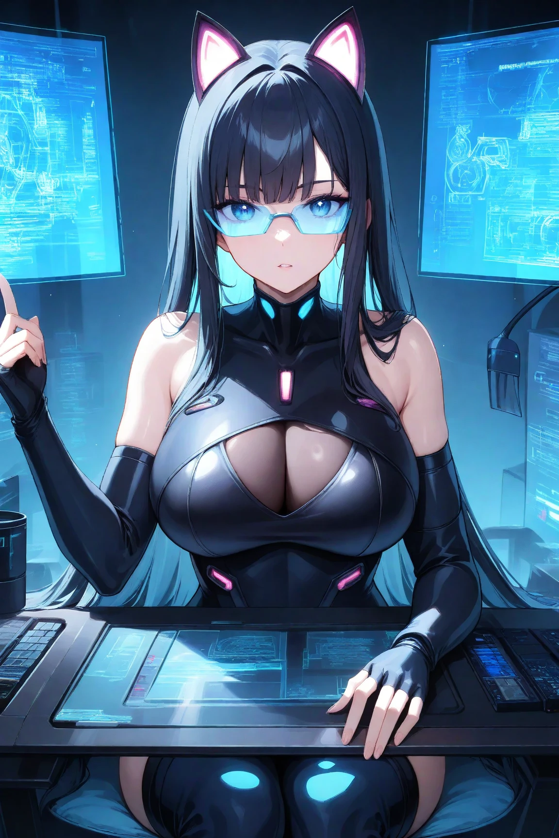 garota jovem, cybernetic implants, olhos azul claro, cabelo preto curto, seios enormes, peito gigante, Robotic arm, usando biquini branco na sala de computador, estilo cyberpunk, garota cyberpunk
