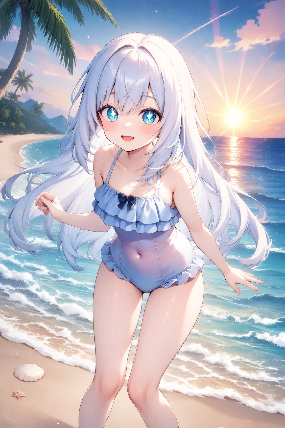 A cute white shirt that makes her look beautiful 、Blue 3 that fits through the white shirt/4 Cup Bra、Light blue frilled flared skirt、She holds up her skirt with both hands、Showing off her cute white underwear、The white underwear you can see when you lift up your skirt is cute、Sandy Beach, Beautiful sea, Night and starry sky