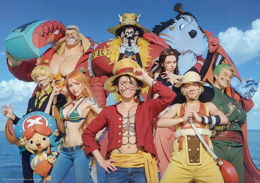 a group of cartoon characters with hats and a woman in a bikini, Directed by: Eiichiro Oda, inspirado em Eiichiro Oda, from one piece, Estilo One Piece, one piece, Estilo Eiichiro Oda, Estilo de Eiichiro Oda, one piece artstyle, nami one piece, color spread, nami from one piece, full color manga visual style