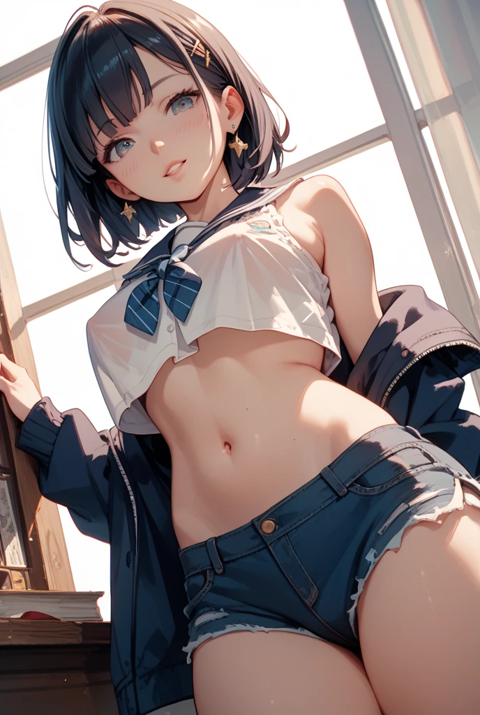 nsfw,alone, (One girl), Elementary school girl,8-year-old, ((White panties)), (wearing only the top half of sailor school uniform),sexy, (Cowboy Shot),  ((Put your arms behind your head)), classroom, With a girl：hair is black and short, Her face is round and cute, Black Hair, short hair, (Are standing),(Shy, Embarrassing),from below,from the front,(pussy juice),