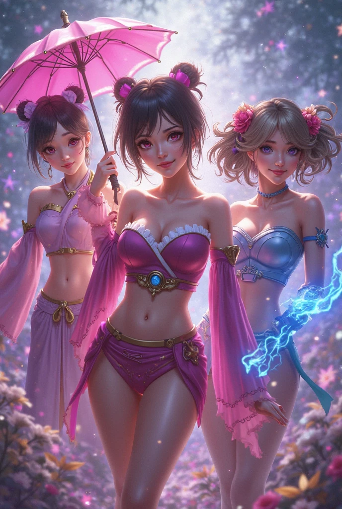 8k,masterpiece, bset quality,big, (3girl), shiny skin, shiny big, ((best quality)), bikini, colorful, group photo, clear focus: 1.2, highly detailed face and skin texture, detailed eyes, Caucasian,