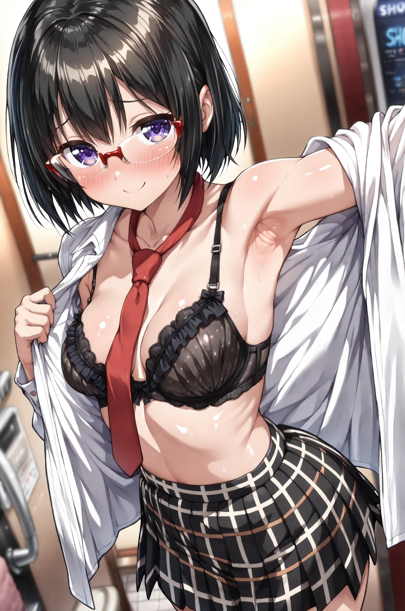 Front view, sitting on a round stool without a backrest, wearing a magenta polo shirt, short sleeves, pulling up her own clothes with both hands, bra, black pants, an adult woman wearing glasses, The exact number of fingers、 Exact number of legs、Exact number of arms, short hair black hair, (blush:1), (small breasts:1),highest quality, High resolution,highly detailed face, Very detailed CG, (perfect hands, perfect anatomy),Hospital examination room breast examination dynamic angle