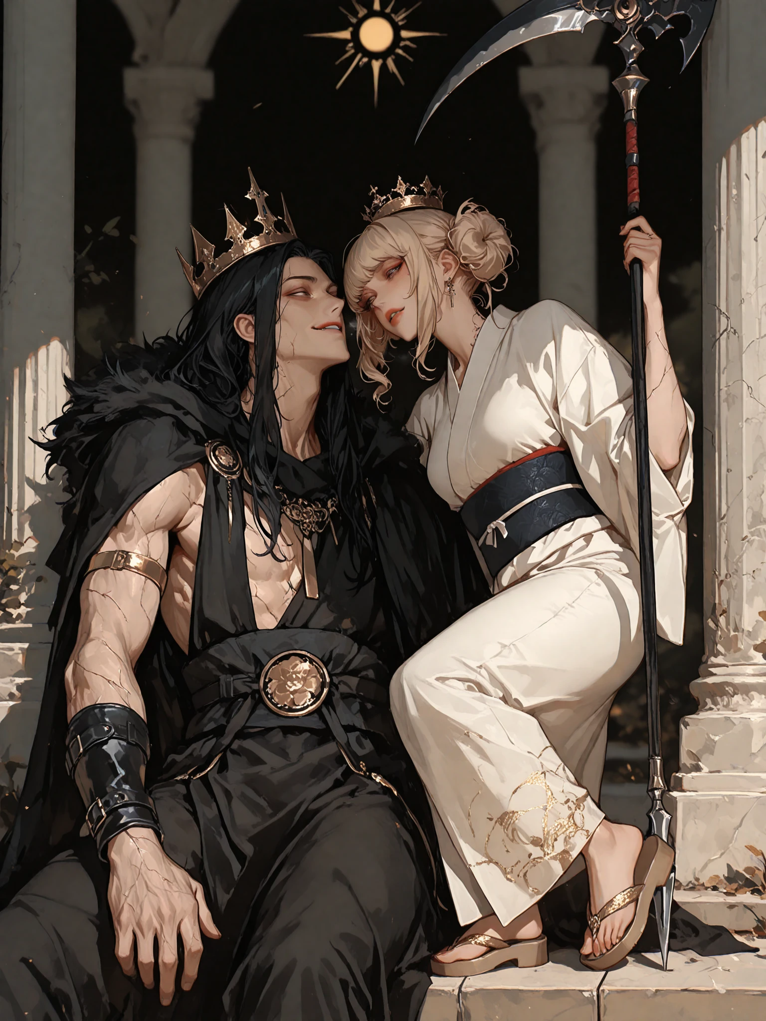 {{Three eyes, Beard, demon king, man with horn, man with dragon wing, muscular man, wave hair, black hair man, red eyes man, topless man, forehead eye, man chained hand, man chain collar}},{{angel lady, woman with halo, woman with white bird wing, woman with blond hair, woman with blue eyes, woman white silk clothes dress,}},