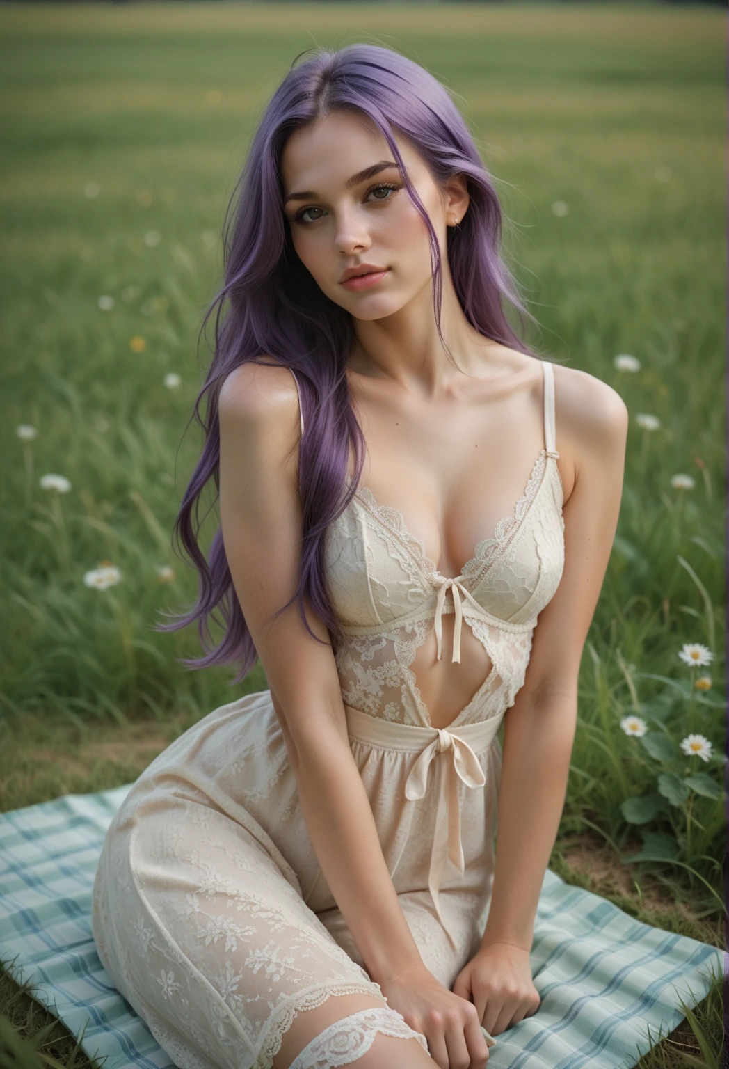 (photorealism:1.2), beautiful girl, sitting on bed, wearing long lace white dress, white lace pantyhose, long straight purple hair, purple eyes, indoors, soft lighting, plants in background, window with sunlight, cozy room, relaxed pose, realistic, intricate details, warm colors, by Greg Rutkowski, by Alphonse Mucha