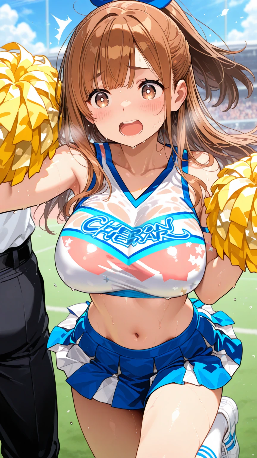 nfsw,((masterpieces))), master piece, 1girl, solo, BRAID, SCRUNCHIE , looking at viewer, huge breast, mature woman, blush, smile, open mouth, brown hair, GREEN eyes, 1girl, solo, underwear, navel, clothes pull, stomach, shirt, sweat, breasts, thighs ,official art, looking at viewer, remely detailed CG unity 8k wallpaper, Colorful, (masterpiece:1.0), (best_quality:1.0), ultra high res, 4K, ultra-detailed,aiue oka,
((ultra sexy cheerleader costume)),
