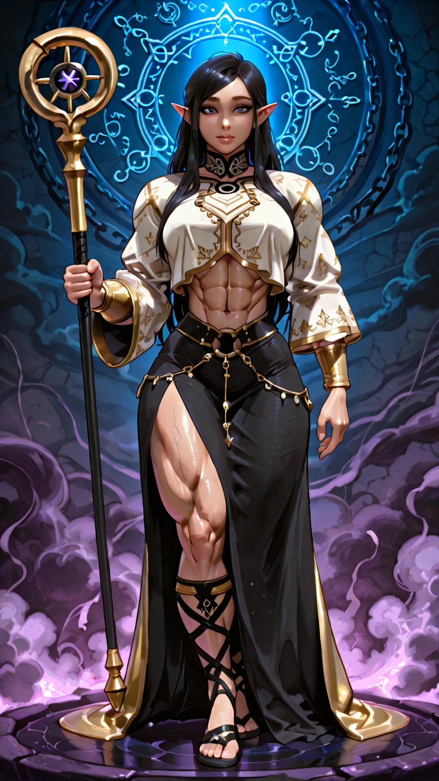Appearance
Gender: Female
Age: Mature
Race: Drow (elf with dark skin and white hair)
Height: Full-body
Skin: Gray
Hair: White
Eyes: Purple
Attire: Bikini, revealing abdominal muscles
Accessories: Large earrings, ragged rags, chain necklace