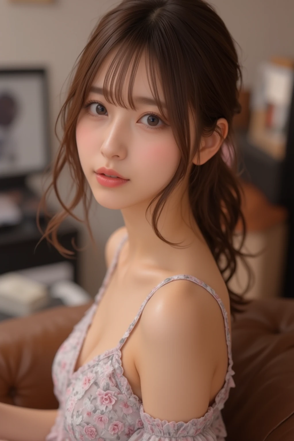 The project envisions shooting in a bright wood-like studio in bright summer morning to daylight light. Create highly elaborate CG Unity 8K wallpapers modeled after a beautiful-looking 30-something actress with a realistic, lifelike and ultra-detailed finish with a hairstyle and fashion style that matches the trends of 2023. The model is slender, cute, and mature. Her features are a straight medium style that matches the trend of 2023, a fluttering feeling in the wind, and a slightly brighter and softer trendy hair color. Shooting takes place indoors with natural light, so be sure to shoot in a way that feels soft. The skin quality of the model is delicate, and you should pay attention to the fine details and softness of the hair. Studio sets take cool images, camera angles shoot in a range from the waist up. The model's hair color should be slightly light and soft, and the makeup should emphasize bright lips and eye-catching mascara, with a natural and light styling. For your fashion style, choose a rough outfit that matches the summer trends of 2023 and use pale pastel colors to express a sense of relaxation. The final image should be shot in a studio in bright summer light, and try to create a refreshing and summery atmosphere. The pose of the model is sitting on one knee and turning around, and the hand feels naturally at the mouth.
