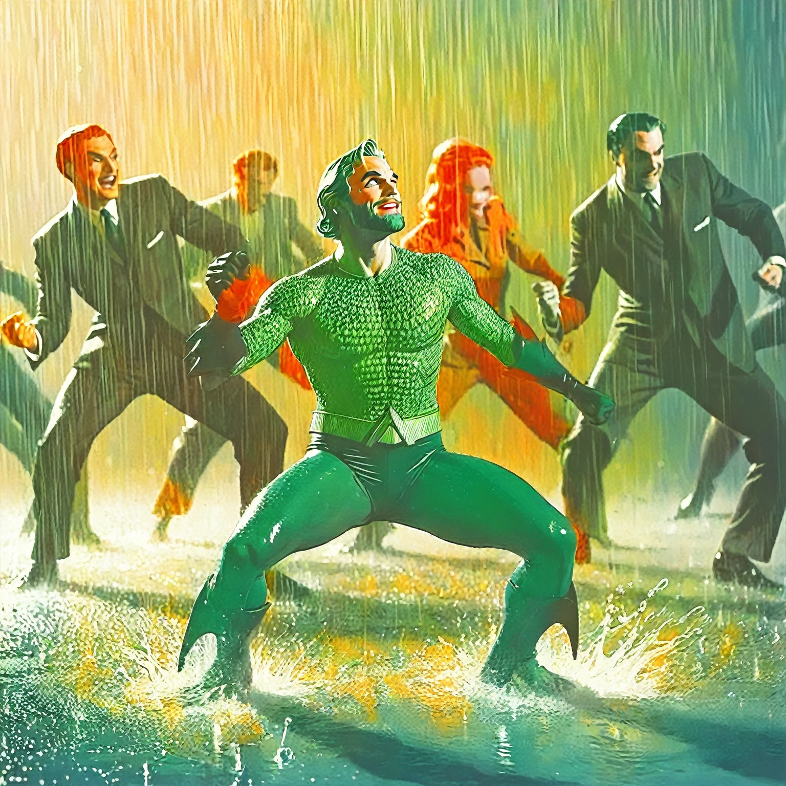 Line drawing, sketch, expressive, ink figure of Aquaman (vintage orange and green suit) dancing at a pool , overjoyed. The style should be simple and minimal. clearly standing in shallow end of pool, everyone is maximal over excited to be at prestigious pool , wide large smiles, cackling, 
