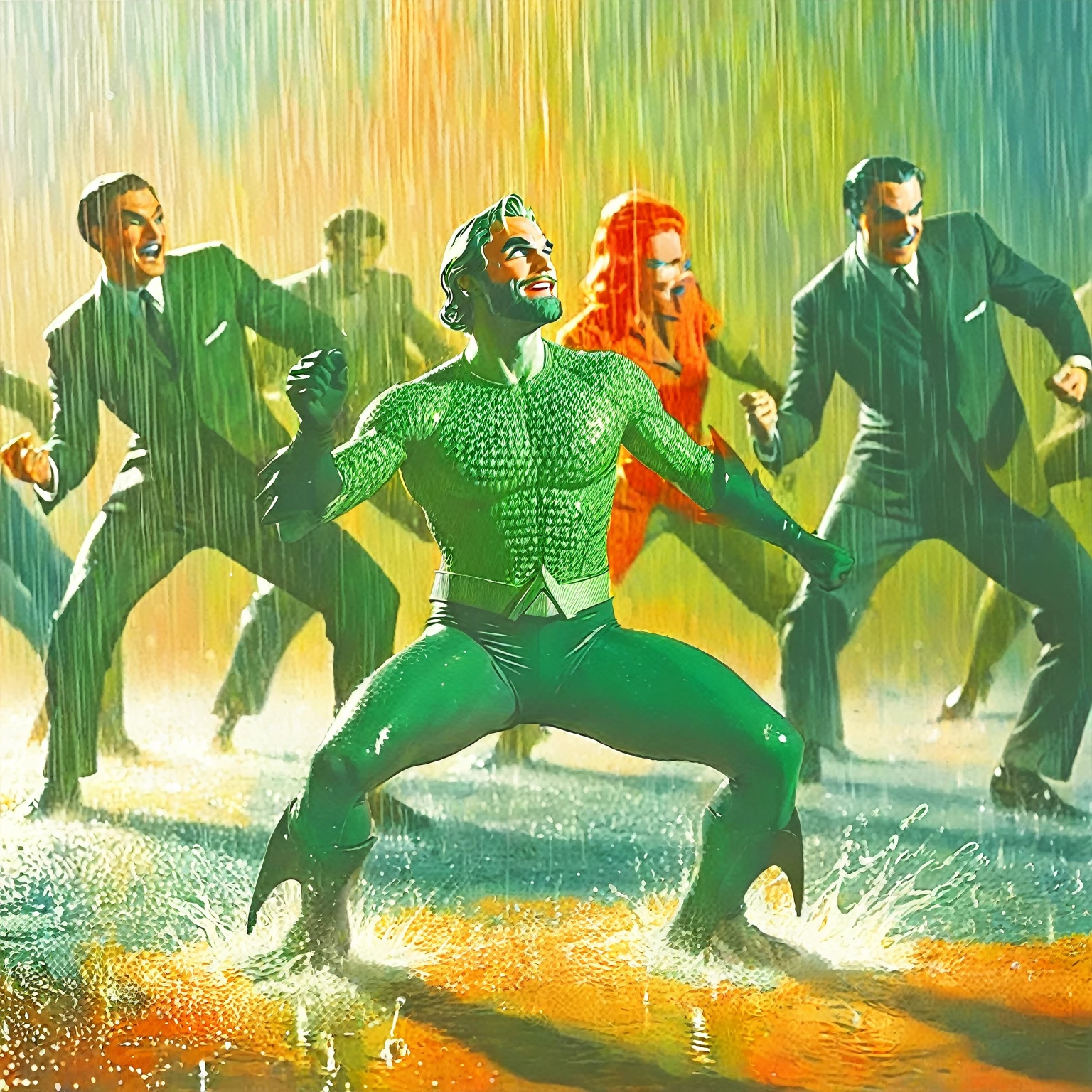 Line drawing, sketch, expressive, ink figure of Aquaman (vintage orange and green suit) dancing at a pool , overjoyed. The style should be simple and minimal. clearly standing in shallow end of pool, everyone is maximal over excited to be at prestigious pool , wide large smiles, cackling,