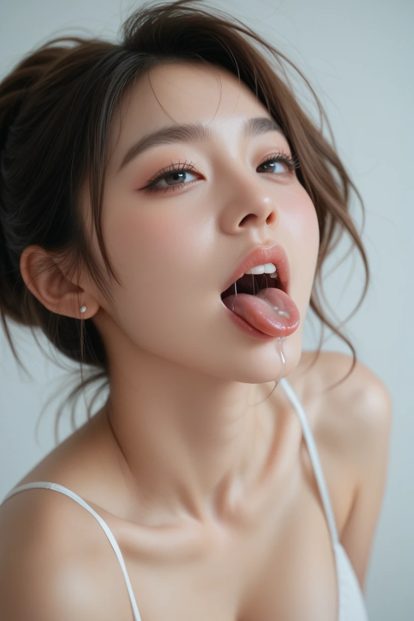 (Best quality, 8K, 32K, Masterpiece, hyper HD: 1.3, top quality, realisticity, advanced depth of field), 1 girl, open mouth, looking at you, an look of orgasm, full thick red lips, open mouth tongue out: 1.2, an look of enjoyment, overly excited horny expression,on the bed, perfect cleavage, fellatio gesture, extremely detailed, perfectly beautiful Asian korean, perfect cleavage, tank top that enhances great cleavage shape: 1.2, sharply focused cleavage line, strong winged eyeliner makeup,perfect breast shape, enhanced cleavage shape, raised eyebrows, push up cleavage from tank top, perfect eye make up, perfect fellatio gesture, five fingers, blushing hard, perfectly done nails, sensual fingers, chubby round face, delicate facial features, strong eye make up, orange eye shadow, white highlight in eyes, cute Asian face, amazingly shaped cleavage