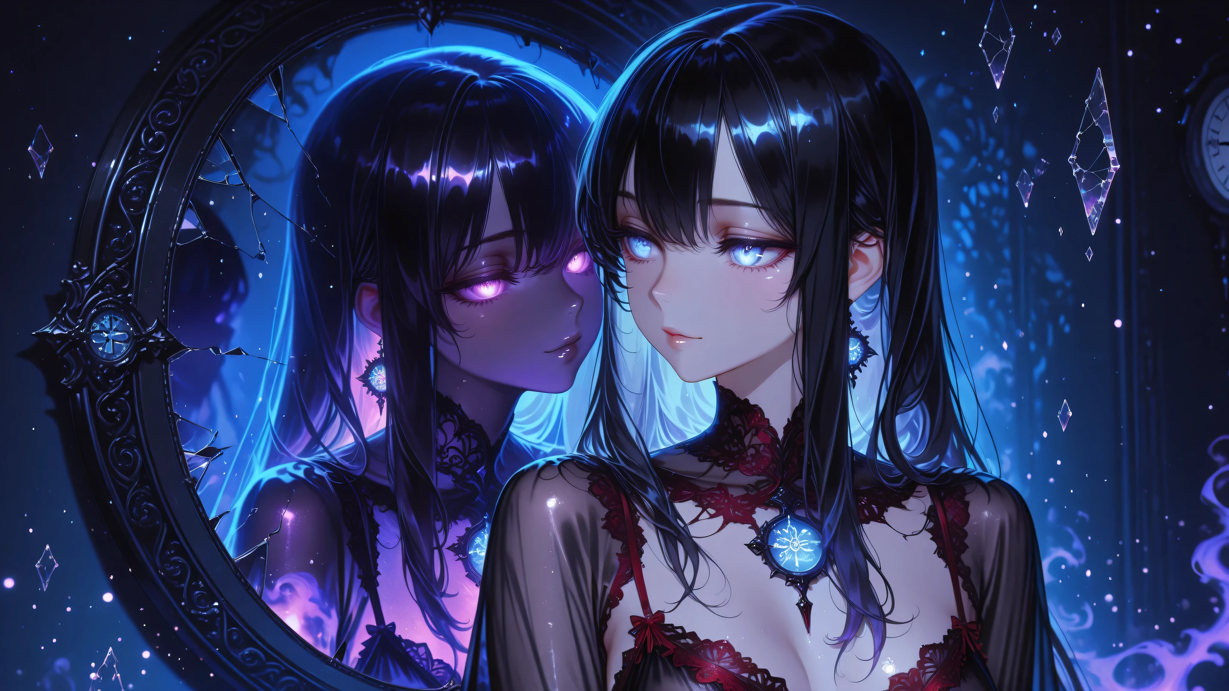Daughter of darkness, mulher em volta de sombras, A monster behindgripping wide hipe, with twisted smile on his long sinister face, wears a jarring expression of lunacy, hers a look