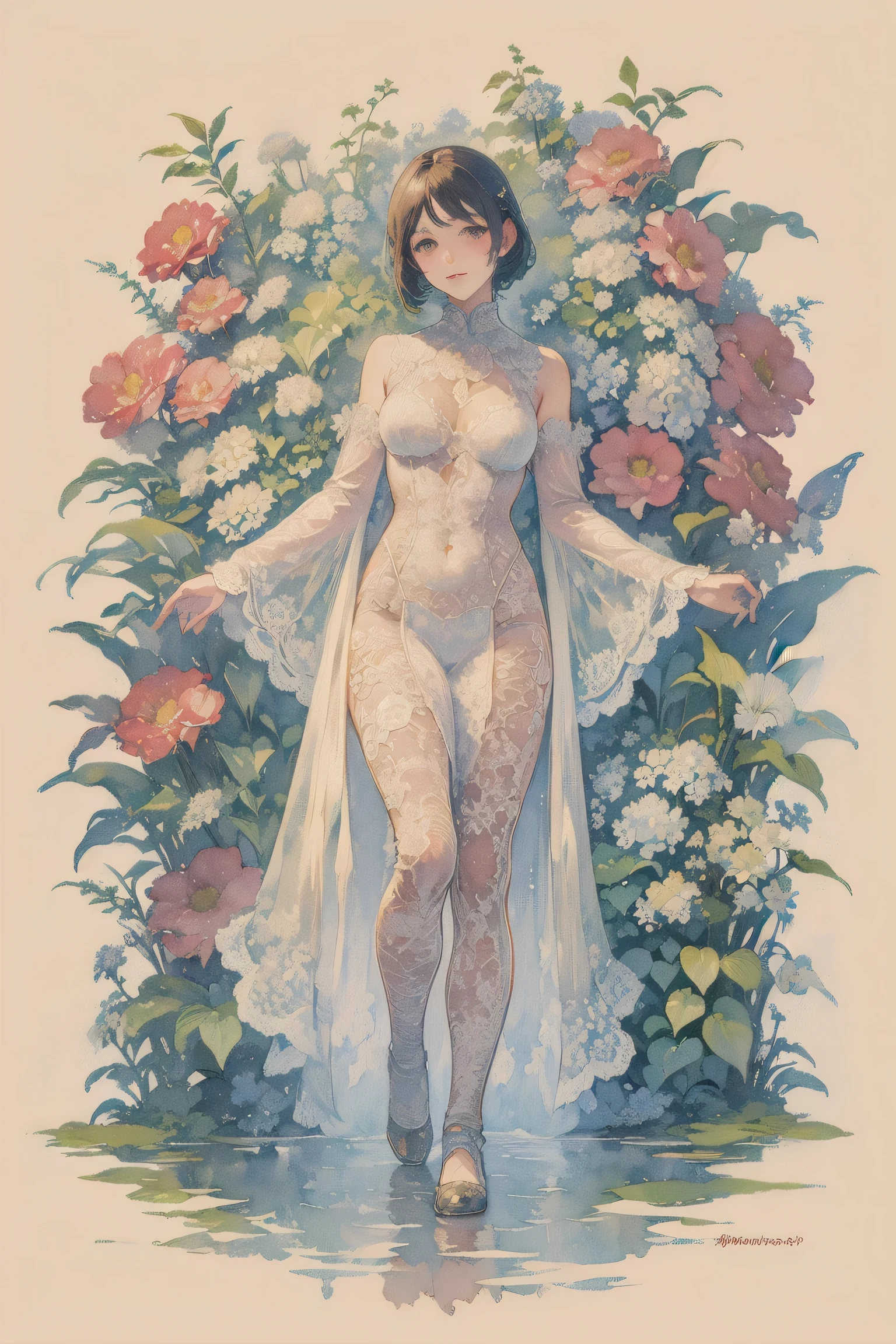 Mucha art deco style, Plant and tree design、1 woman, Watercolor, summer, lac34rmor, (cat, from front)